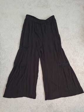 Wishing Waves Black Wide-Leg Crocheted Panel Pants